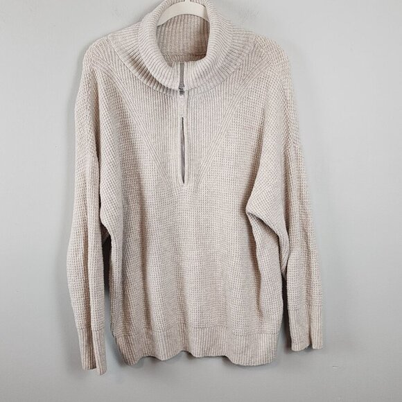 Aerie Sz Medium Beige Waffle Knit Half-Zip Sweater Ribbed Mock Neck - Picture 1 of 12